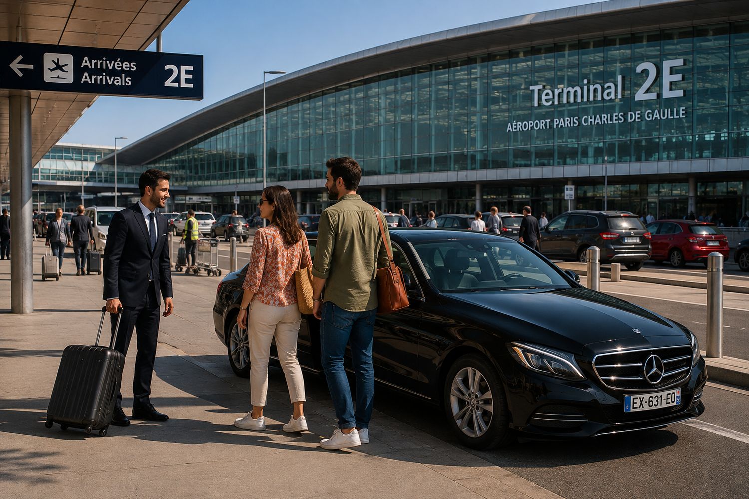 Paris Airport & City Transfers Professional English-speaking chauffeur welcoming travellers at Charles de Gaulle Airport Terminal 2E beside a Mercedes E-Class.