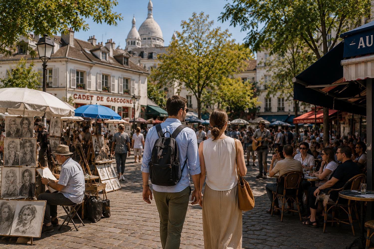 Airport layover tours Couple exploring Place du Tertre in Montmartre during a private airport layover tour in Paris.