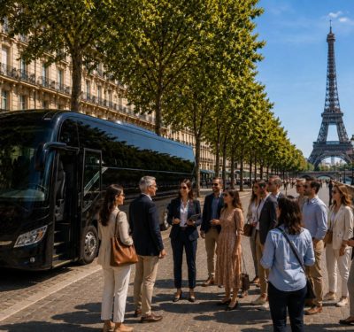 Paris Coach & Driver Hire Executive coach and professional guide accompanying a group near the Eiffel Tower in Paris