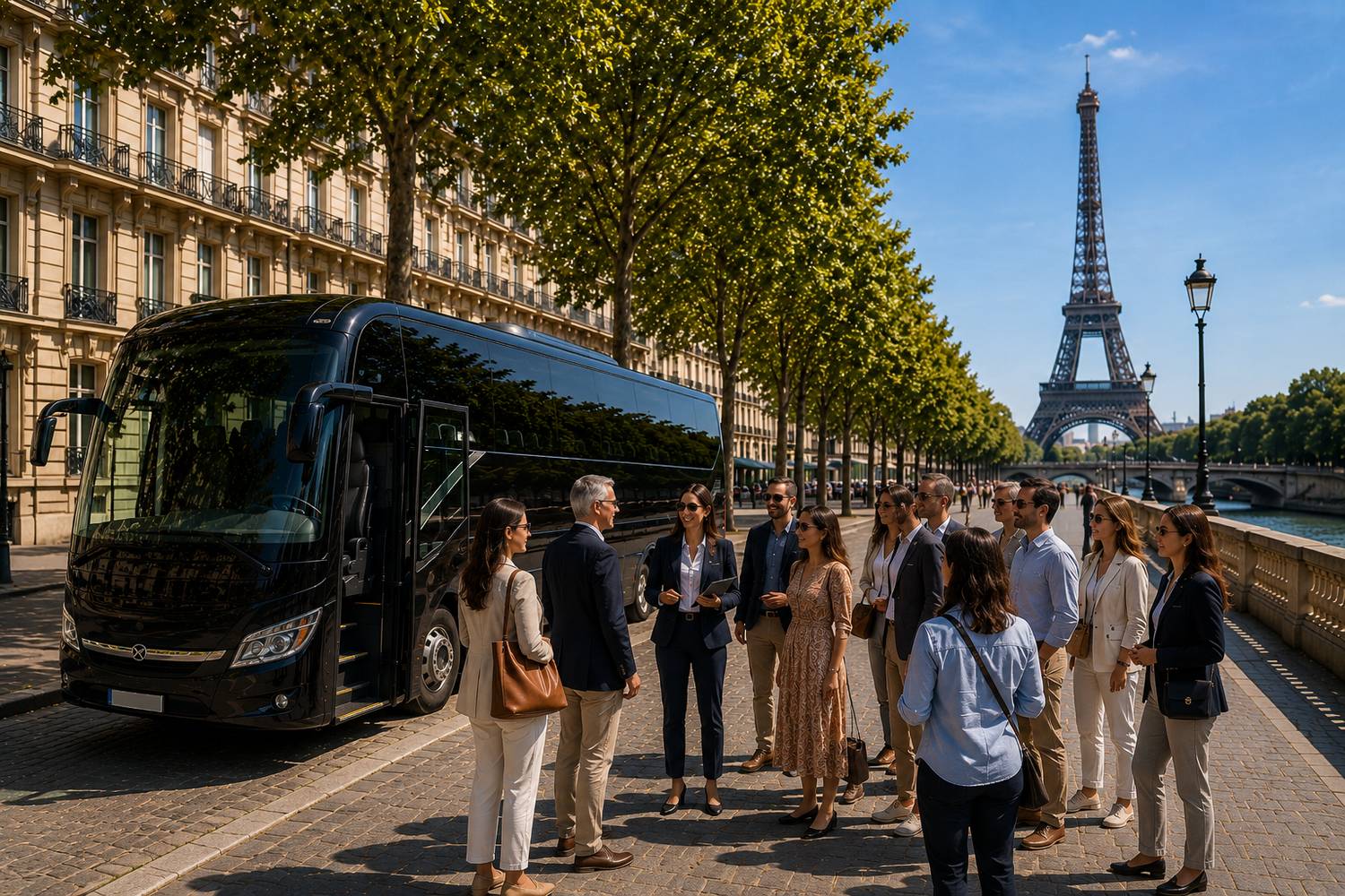 Paris Coach & Driver Hire Executive coach and professional guide accompanying a group near the Eiffel Tower in Paris